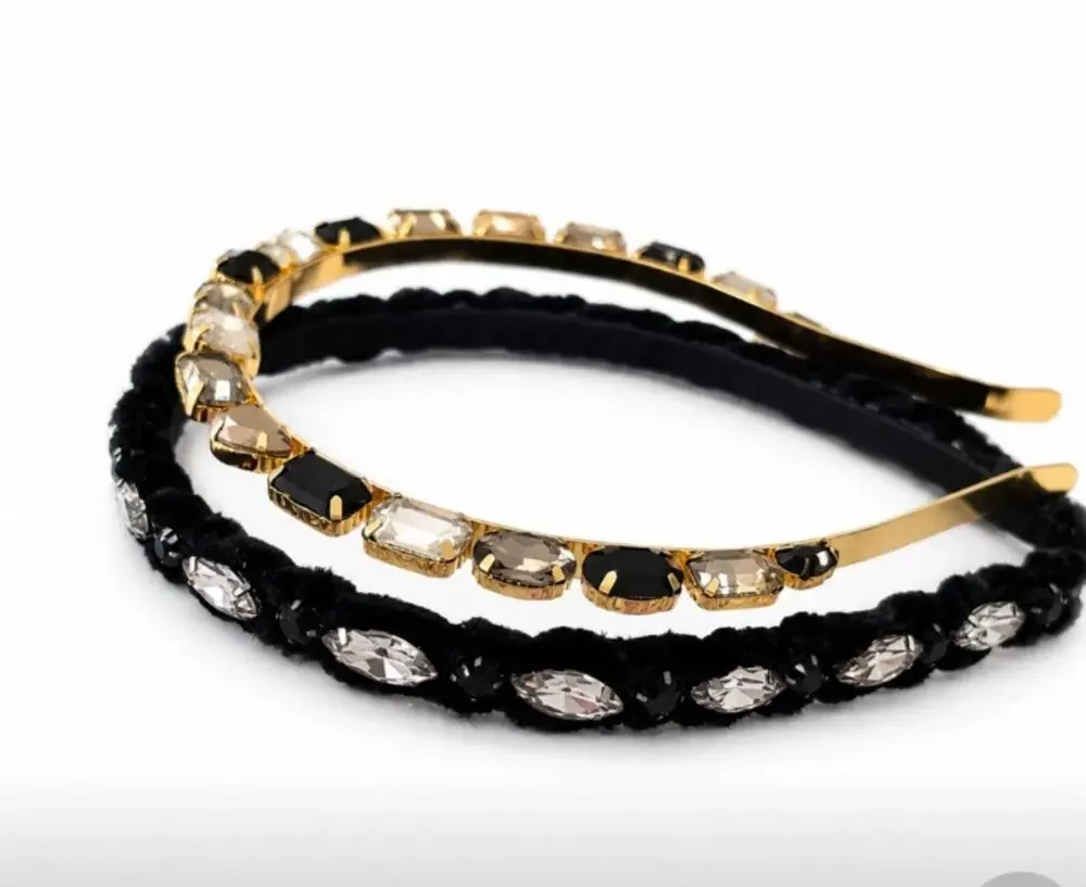 Anthropologie Stone Headband Set Black & Gold New